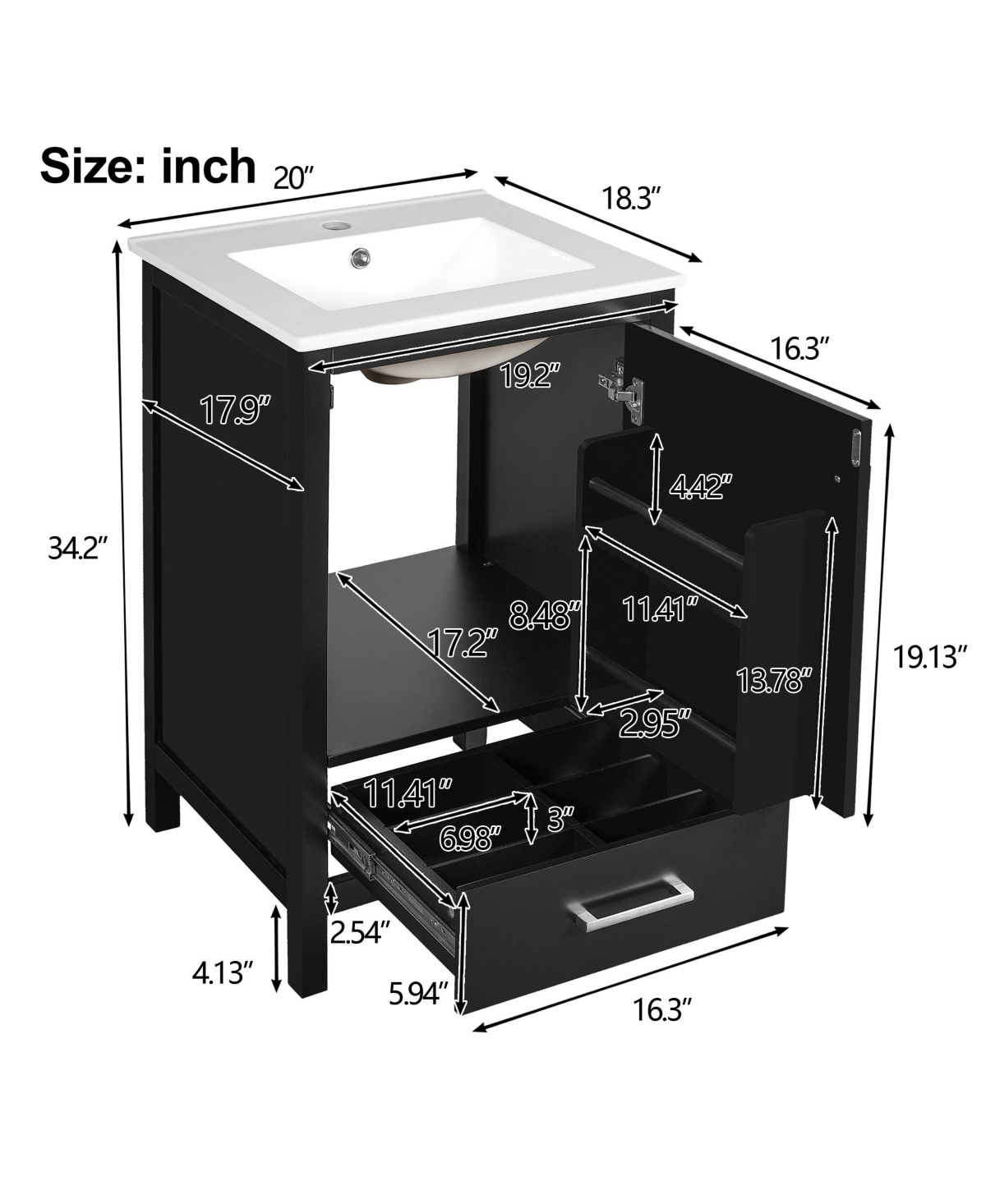 Cesicia 20 in. Modern Bathroom Vanity with Ceramic Sink, Soft-Close Drawer & Door, Double-Layer Door Organizer, Divider Drawer, Adjustable Foot Pads