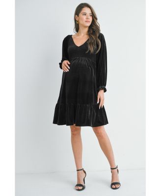 Maternity Smocked V Neck Long Sleeve Velvet Dress