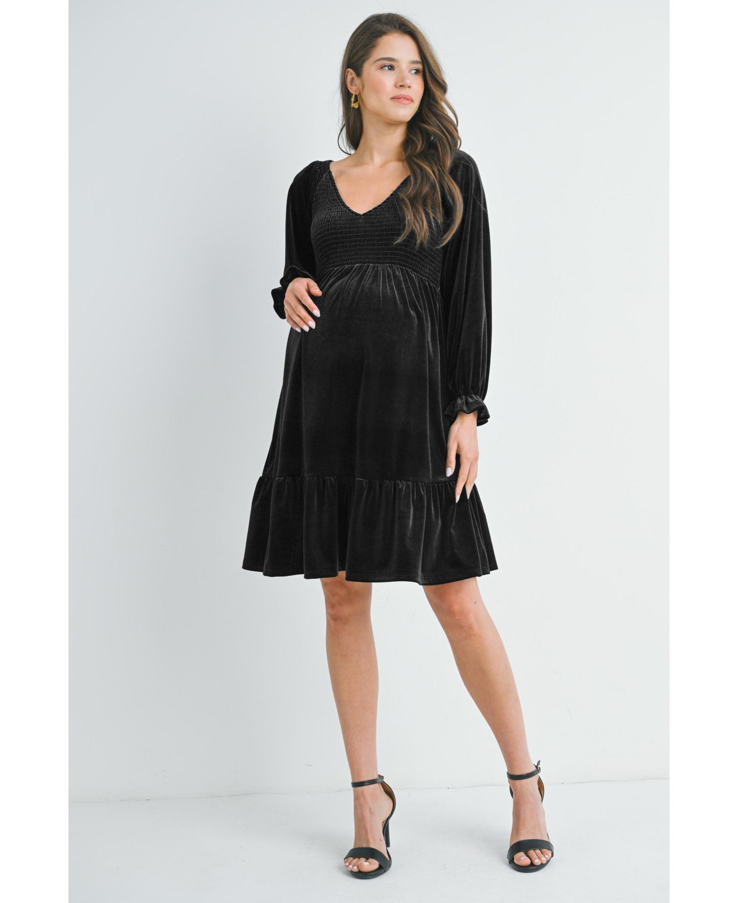 Women's Smocked V Neck Long Sleeve Velvet Dress