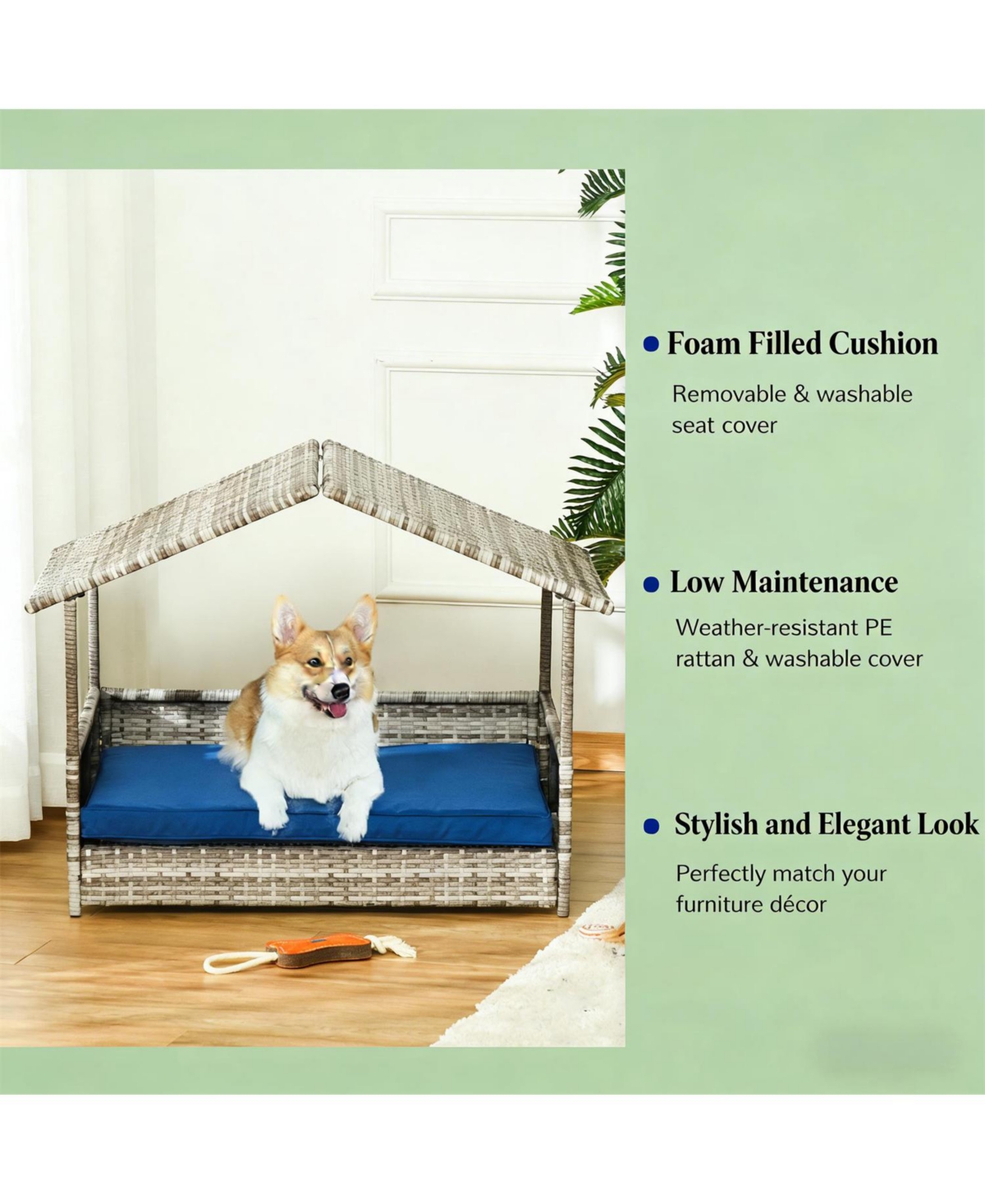 Aostirmotor Rattan Dog House with Dark Blue Cushion for Outdoor in Gray