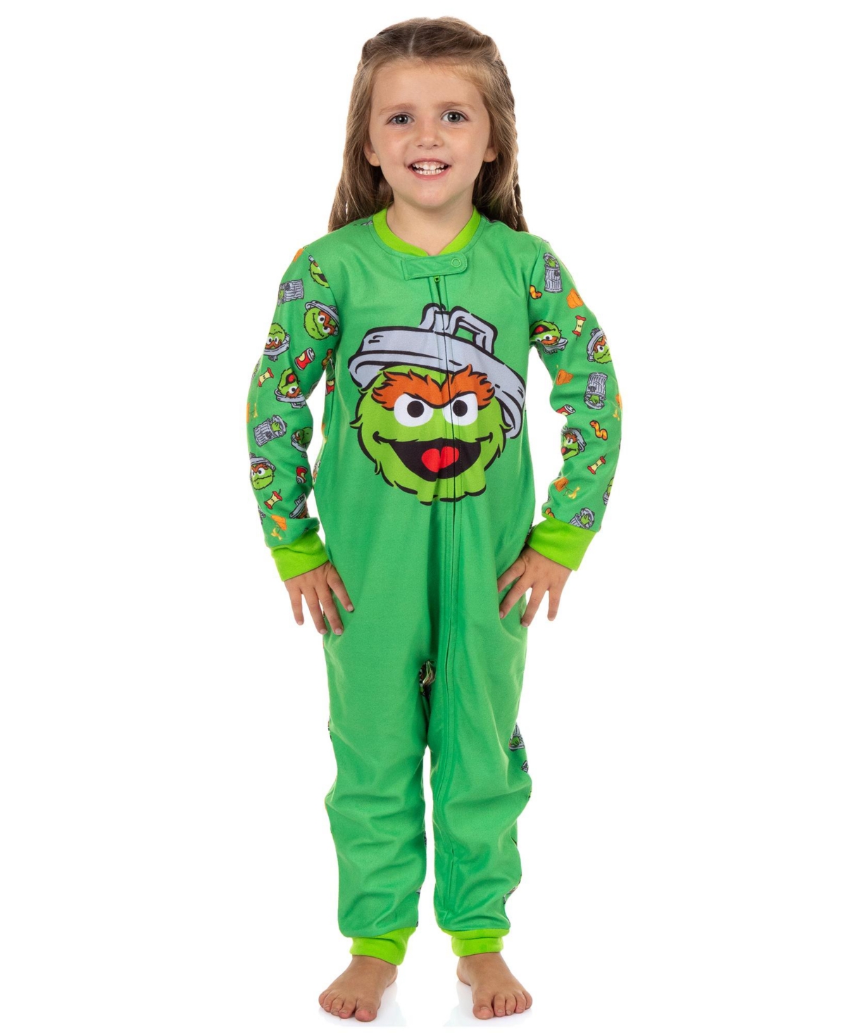 Sesame Street Toddler Oscar The Grouch Character Face Front Zip Footless Sleeper