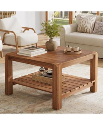 31.5" Solid Wood Coffee Table, 2-Tier Square Center Table with Rounded Corners, Modern Rustic Coffee Furniture