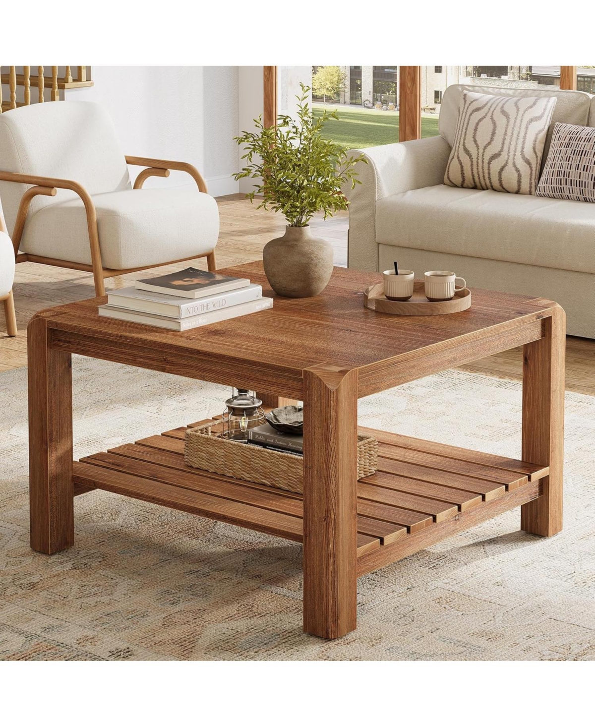 Tribesigns 31.5" Solid Wood Coffee Table, 2-Tier Square Center Table with Rounded Corners, Modern Rustic Coffee Furniture