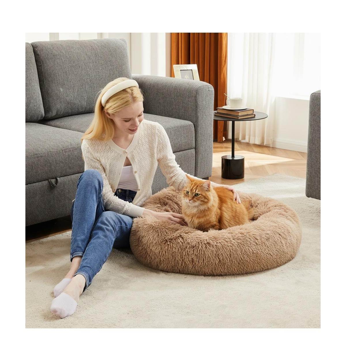 Zeus & Ruta 37 Inch Anti Slip Round Fluffy Faux Fur Cat Bed