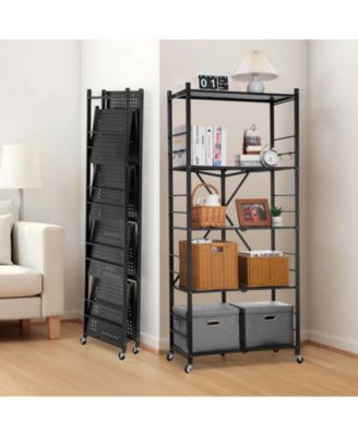 5-Tier Foldable Storage Shelf, 32"W x 14"D x 72"H, No-Assembly Metal Rack w/ Wheels & Hooks