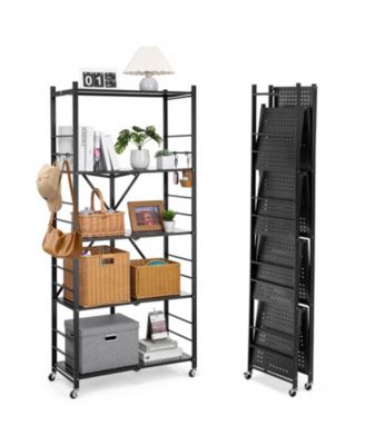 5-Tier Foldable Storage Shelf, 32"W x 14"D x 72"H, No-Assembly Metal Rack w/ Wheels & Hooks