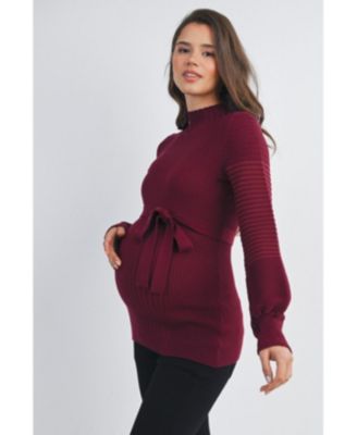 Maternity Mock Neck Long Sleeve Belted Sweater
