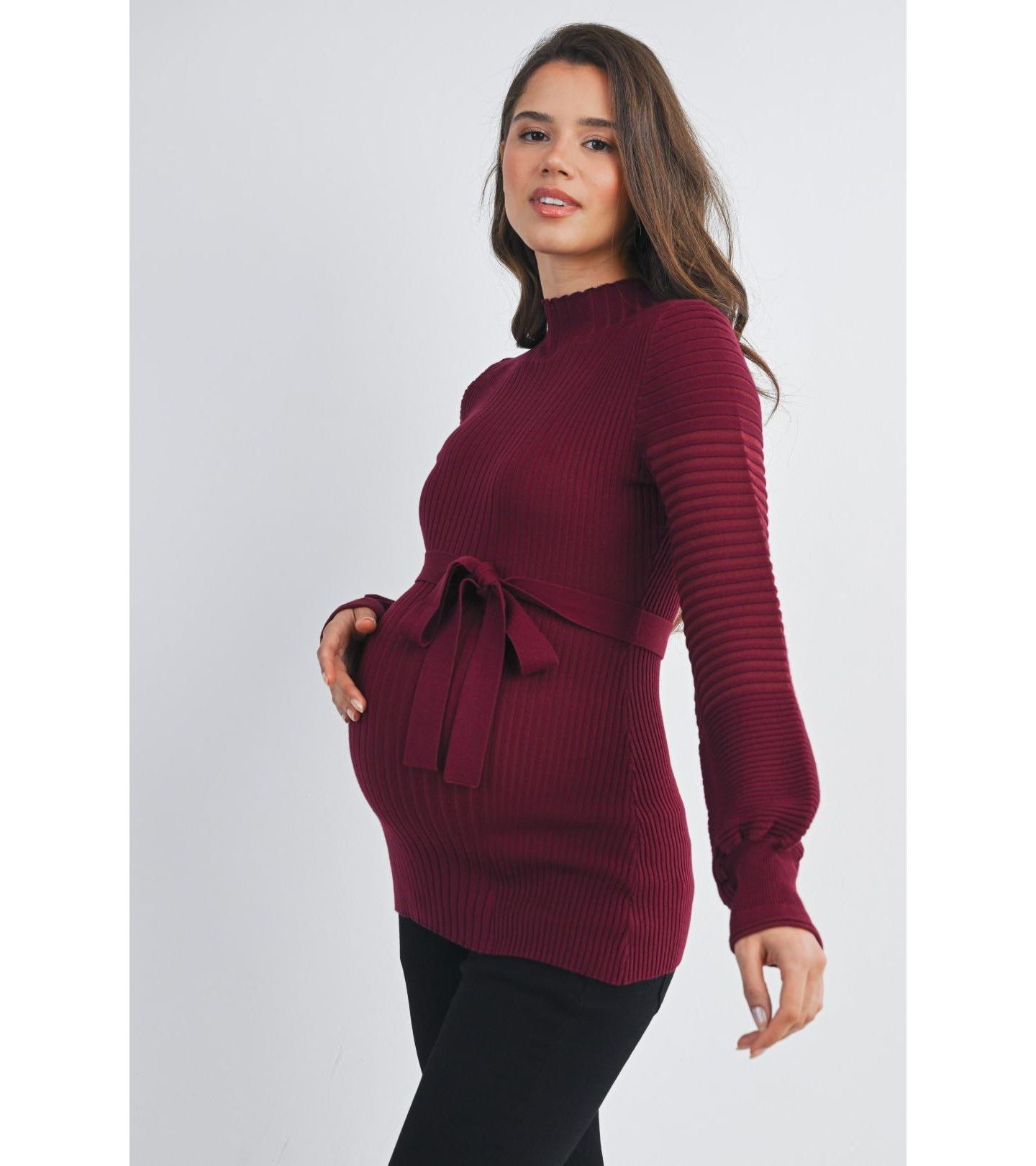 Женский свитер Hello Miz Maternity Mock Neck Long Sleeve Belted, цвет: Бордовый — фото 2