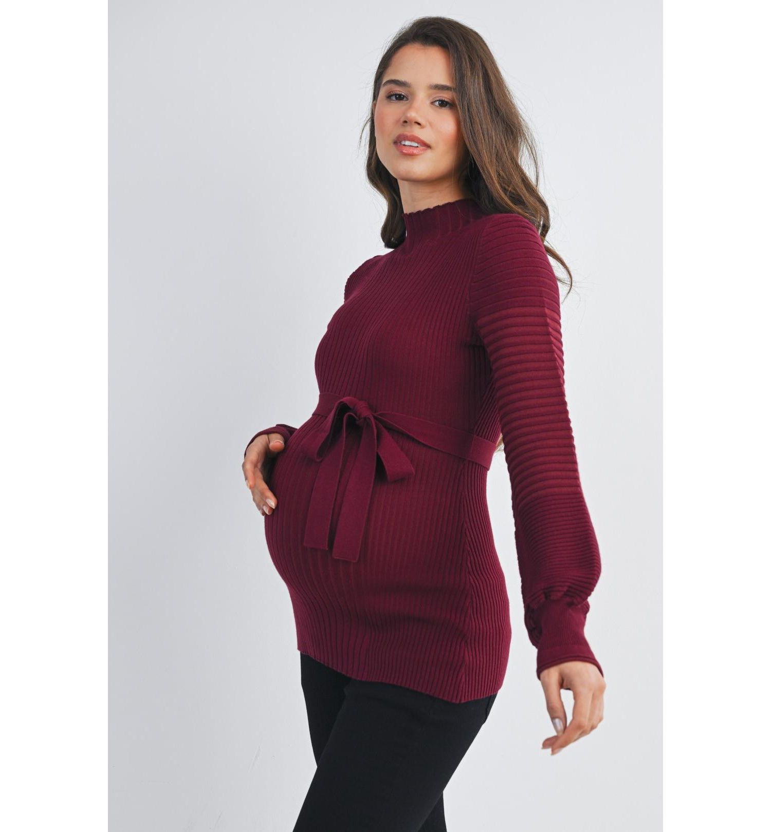 Maternity Mock Neck Long Sleeve Belted Sweater