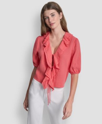 Women's V-Neck Short Puff Sleeve Tie-Front Shirt