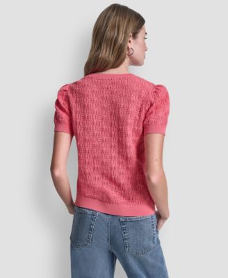 Women's Short Sleeve Crew Neck Lace Pointelle Sweater
