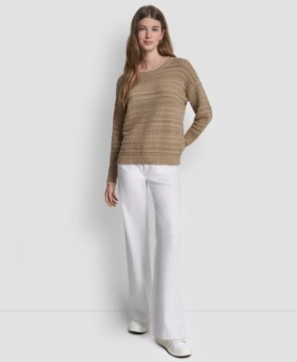 Women's Crew Neck Long-Sleeve Tipped Pointelle Sweater