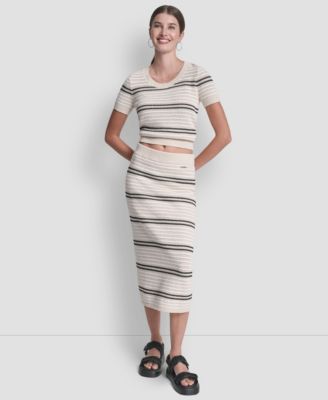 Women's Striped Pointelle Stitch Pull-On Midi Skirt