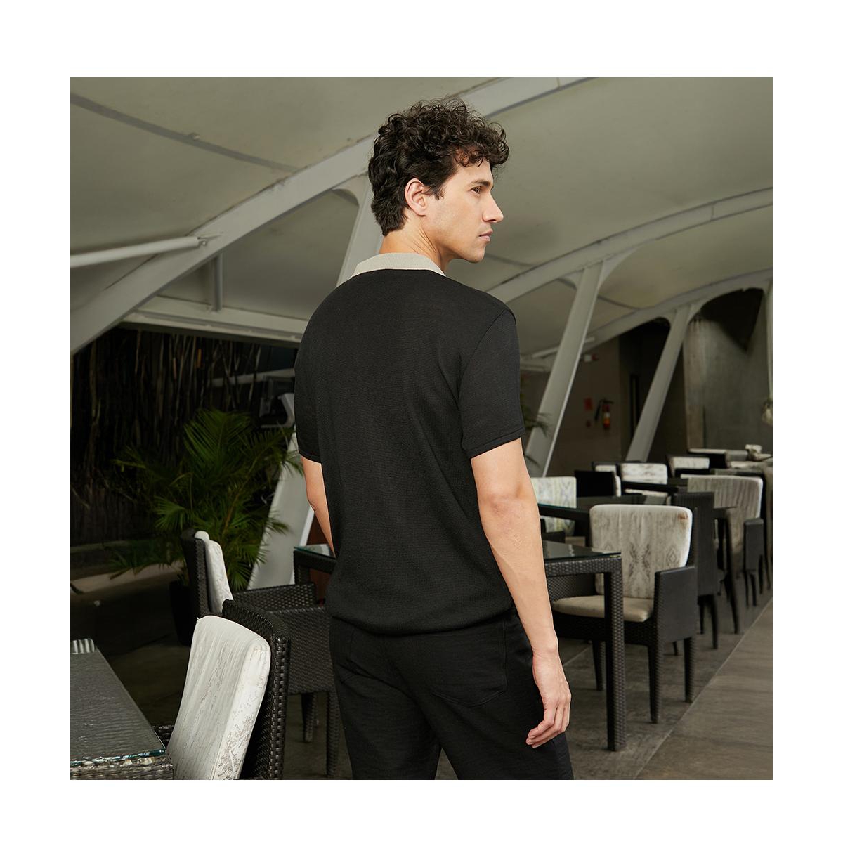 Campus Sutra Men's Sand Beige & Onyx Black Block-Knit Slim-Fit Shirt