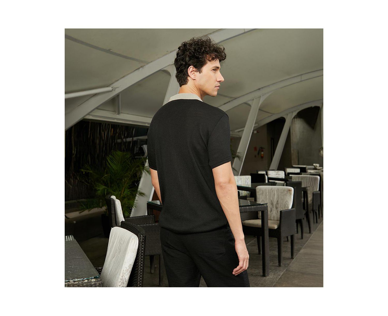Men's Sand Beige & Onyx Black Block-Knit Slim-Fit Shirt