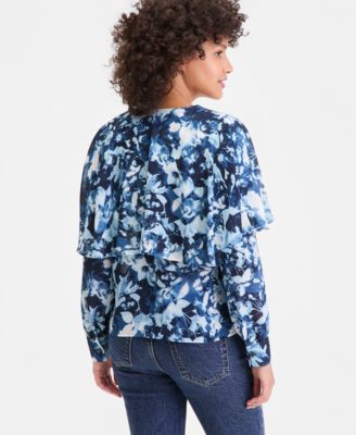 Women's Long-Sleeve Printed Capelet Blouse