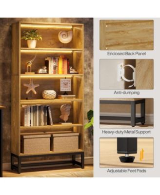 70.8" Tall Bookcase and Bookshelf with LED Lights, Free-Standing Library Bookshelf with 5-Tier Storage Shelves