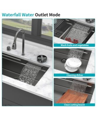33x16.72x10inch Undermount Gunmetal Black Waterfall Kitchen Sink Stainless Steel Workstation