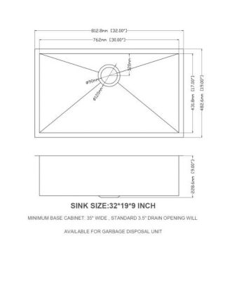 32x19x9inch Undermount Single Bowl Kitchen Sink 16 Gauge 304 Stainless Steel with Drain Assembly No Additional Accessories
