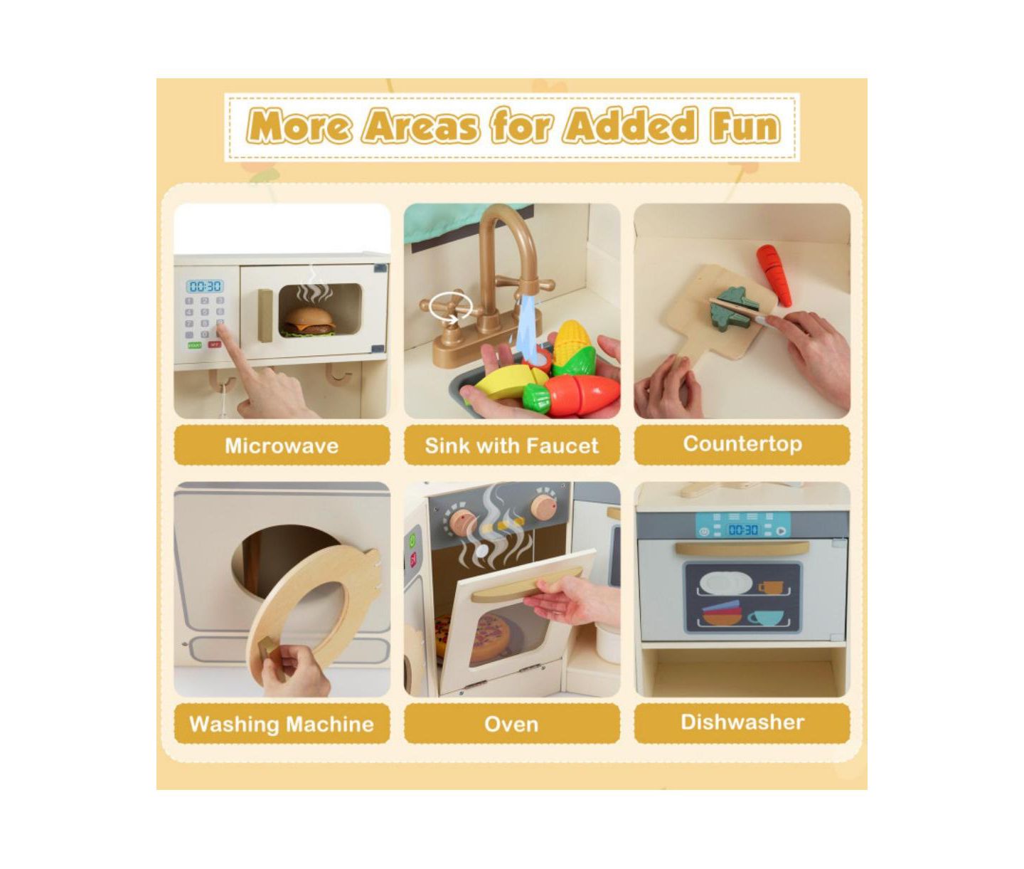 Детская игрушка HONGGE Interactive Wooden Corner Play Kitchen, Ages 3+, цвет: Бежевый / Хаки — фото 8