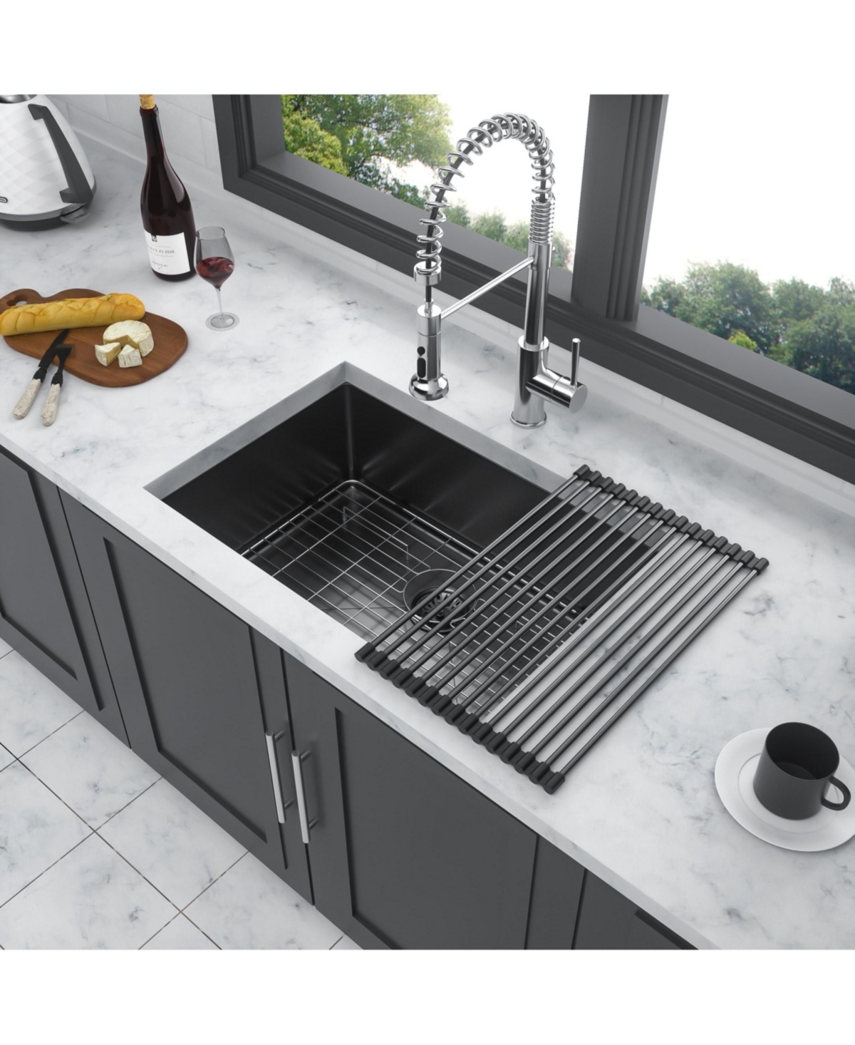 flynama 23inch Gunmetal Black Undermount Kitchen Sink 16G T304 Nano Stainless Steel Single Bowl 23x18x10inch 10inch Deep Sink with Full Accessories