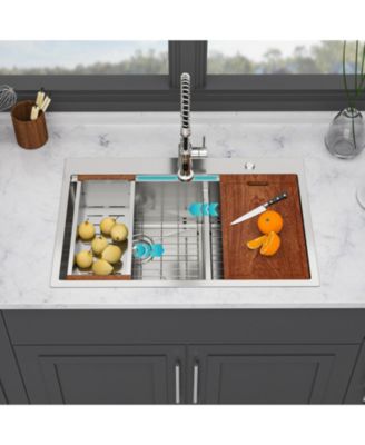 33x22x10inch 16 Gauge T304 Stainless Steel Topmount Drop In 6040 Double Bowl Brushed Nickel Kitchen Sink with Workstation Track