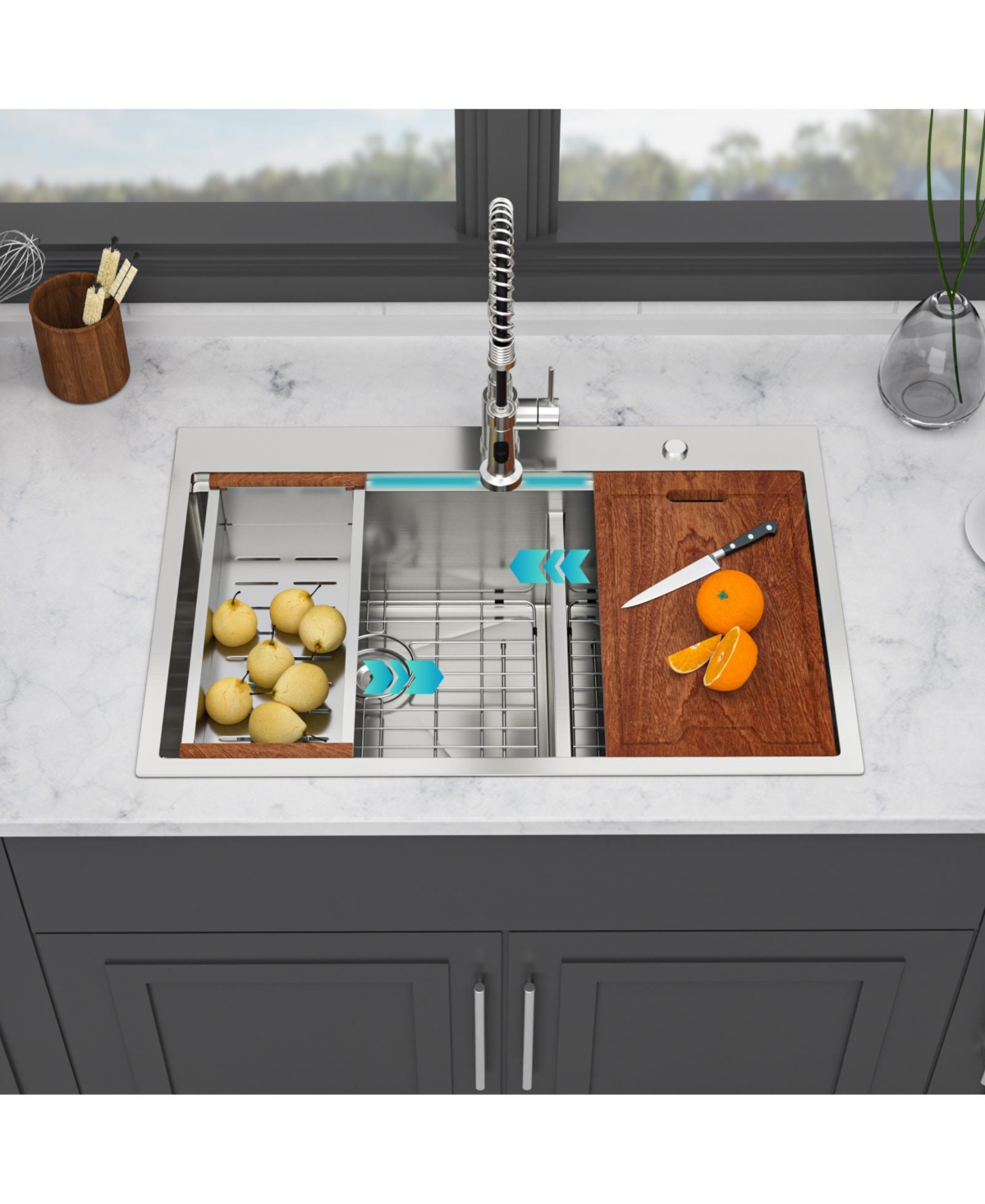 flynama 33x22x10inch 16 Gauge T304 Stainless Steel Topmount Drop In 6040 Double Bowl Brushed Nickel Kitchen Sink with Workstation Track