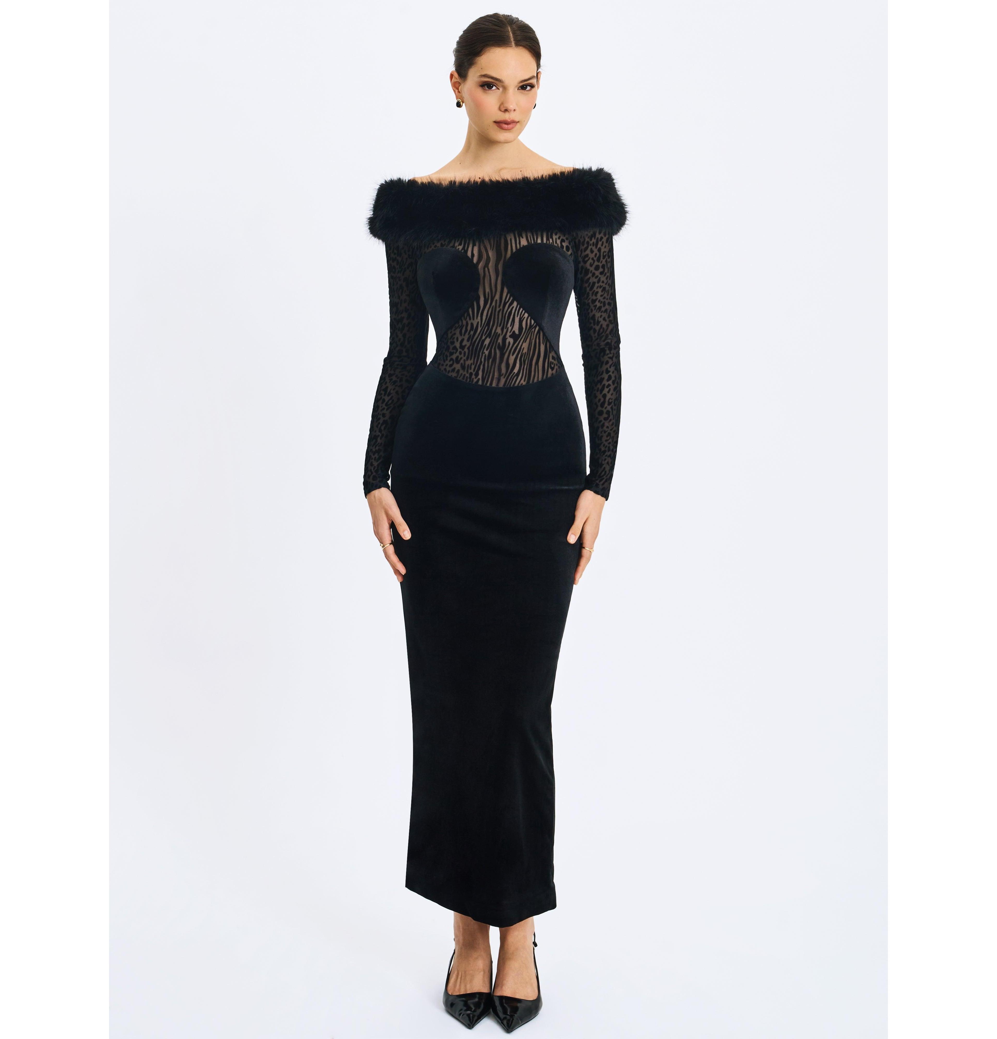 Miss Circle Women's Alexis Black Animal Print Fur Boatneck Maxi Dress