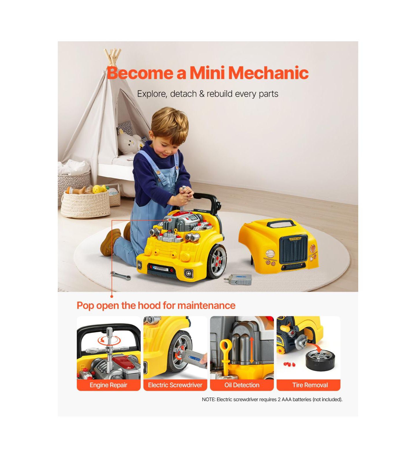 Детский игровой набор Slickblue Mechanic Car Repair 60-Piece Playset with Lights, Sounds, Steering Wheel and Horn, от 3 лет, цвет: Жёлтый — фото 10