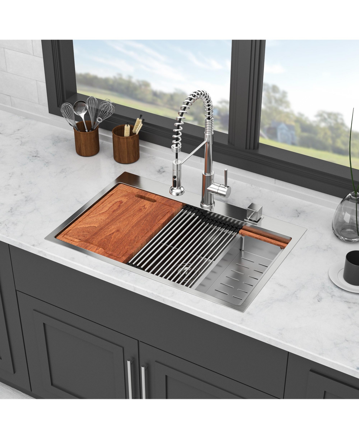 Flynama 33x22x10 Inch Drop In Kitchen Sink 16 Gauge T304 Stainless Steel Ledge Workstation Single Bowl