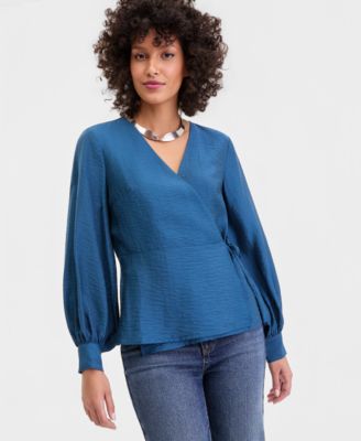Women's Long Sleeve Textured Wrap Blouse