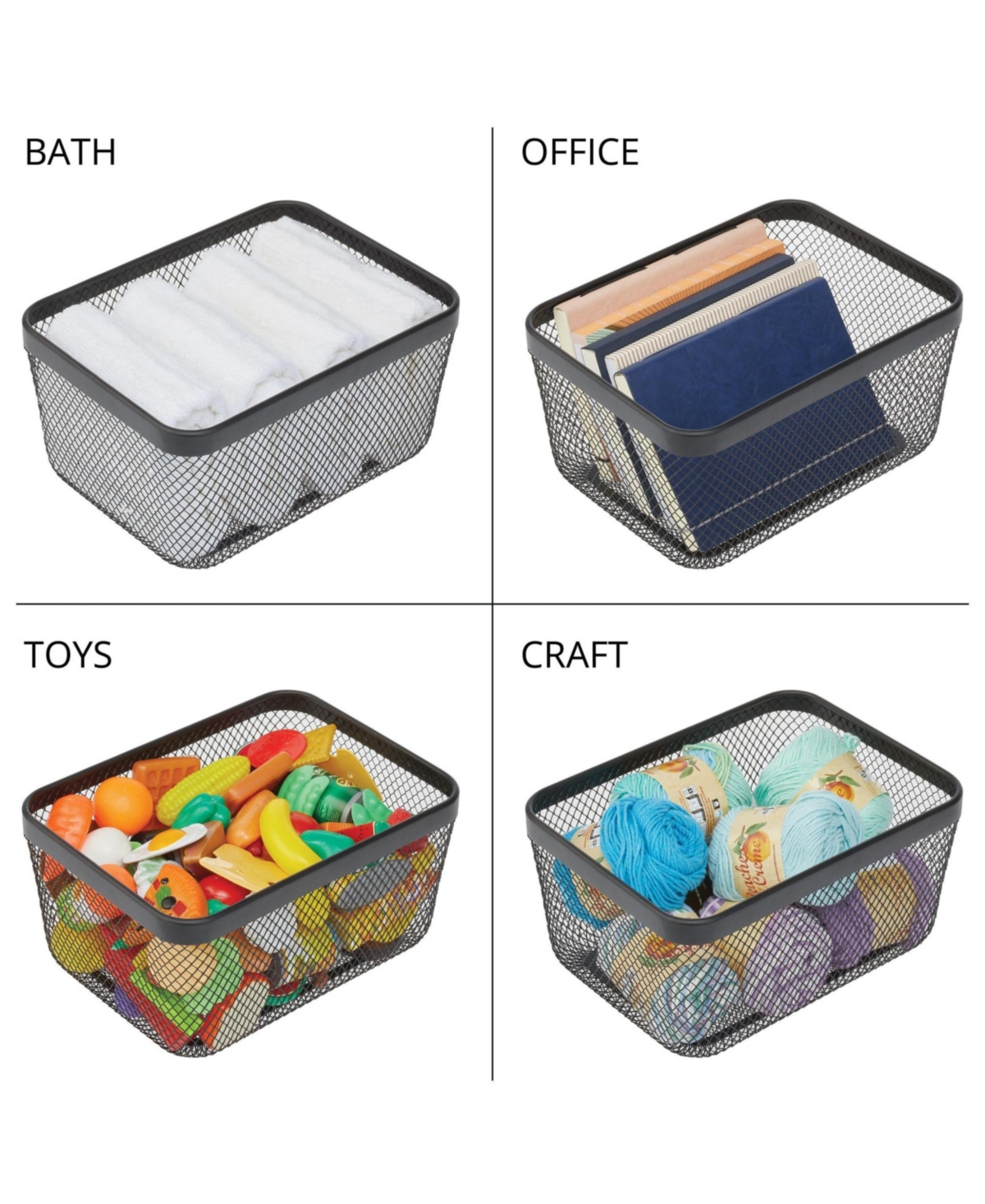 mDesign Metal Mesh Pantry Basket for Kitchen Storage - Set of 4 - Black