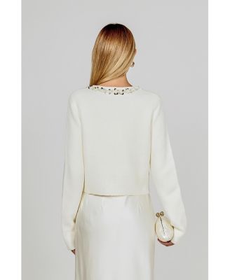 Women's Boucle Knit Jewel Trim Cardigan