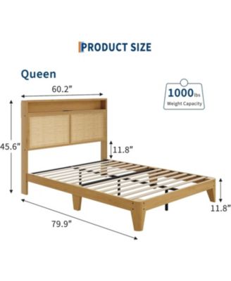 Rattan Bed Frame with Natural Rattan Headboard, Bohemian Platform Bed with LED