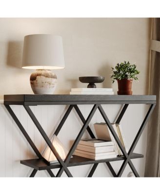 Industrial 3-Tier Entryway Table with X-Shaped Metal- Warm Rustic Vintage Wood Tone, Double X Metal Frames with 2 Shelves