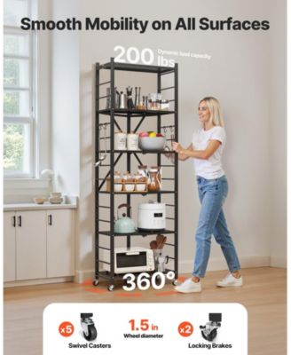 6-Tier Foldable Storage Shelf, No-Assembly Metal Rack w/ Wheels & Hooks