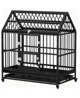 Dog Crate with 4 Lockable Wheels, Double Doors, and Removable Tray in Black