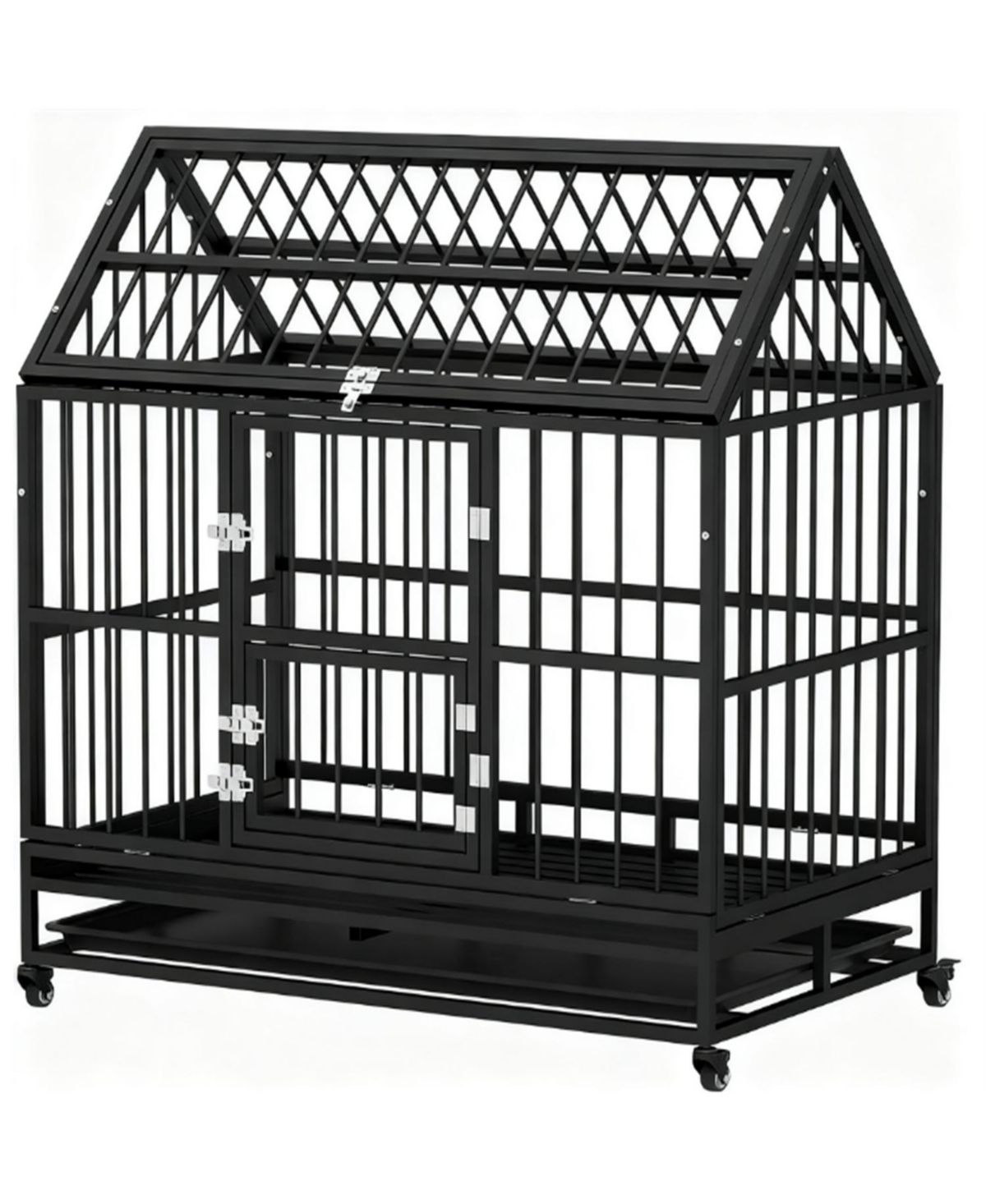Aostirmotor Dog Crate with 4 Lockable Wheels, Double Doors, and Removable Tray in Black