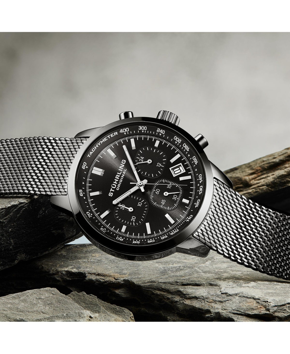 Stuhrling Chronoport 4082 Men s Quartz Chronograph Watch, 44mm Stainless Steel Mesh Bracelet