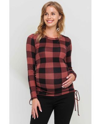 Maternity Plaid Side Ruched Long Sleeve Top