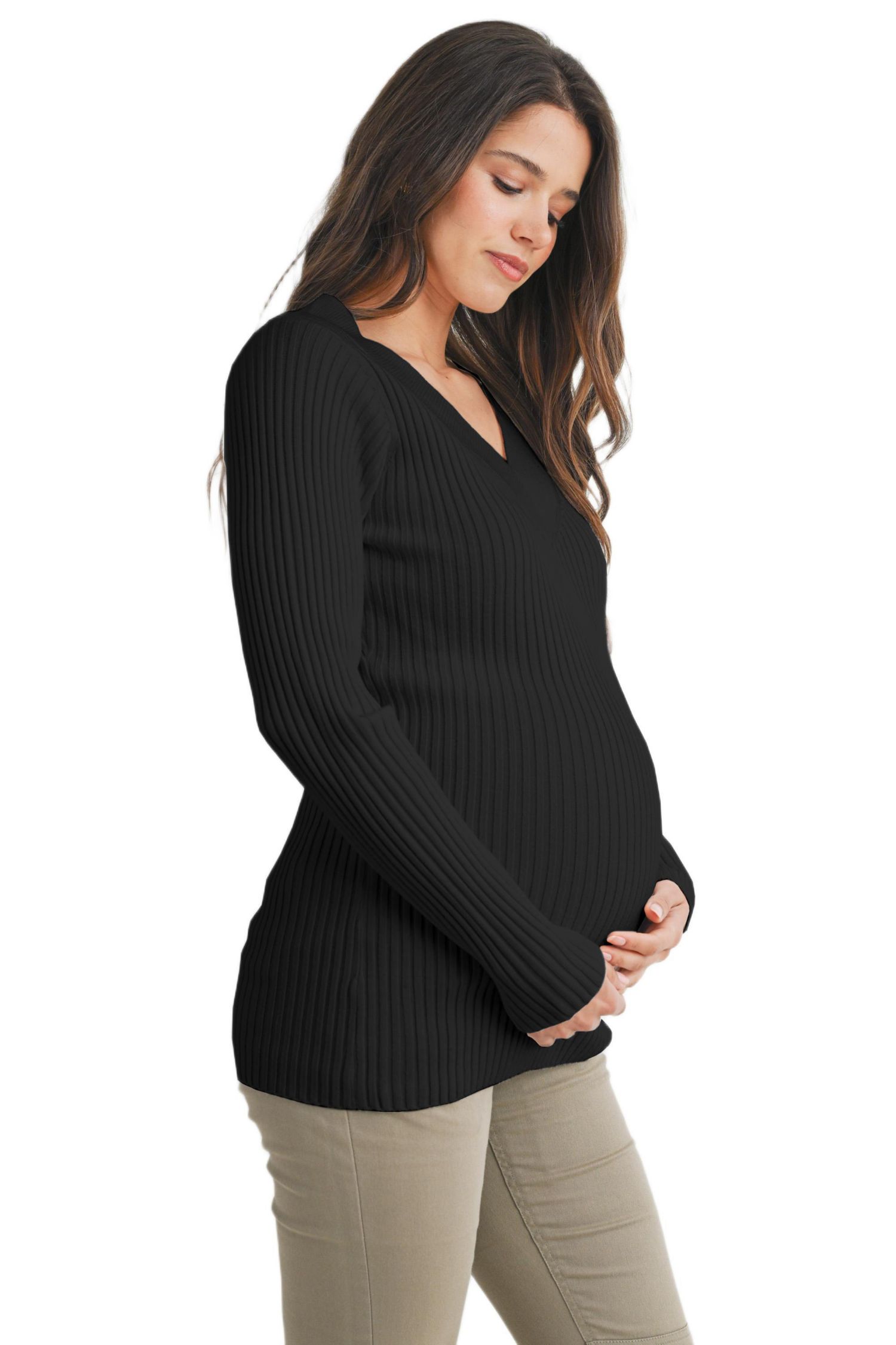 Maternity Ribbed Knit V Neck Long Sleeve Sweater