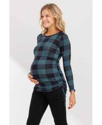 Maternity Plaid Side Ruched Long Sleeve Top