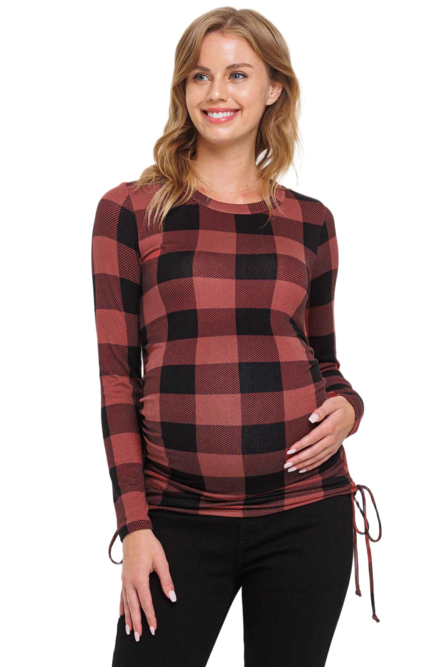 Maternity Plaid Side Ruched Long Sleeve Top