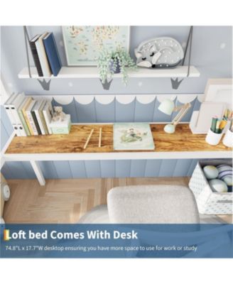 Loft Bed Twin Size with Large Desk and 2-Tier Storage Shelves, Heavy Duty Metal Loft Bed with Ladder and Guardrail