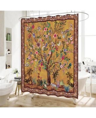 72-inch Brown Red Orange Green Floral Tree Birds Plants Flowers Shower Curtain