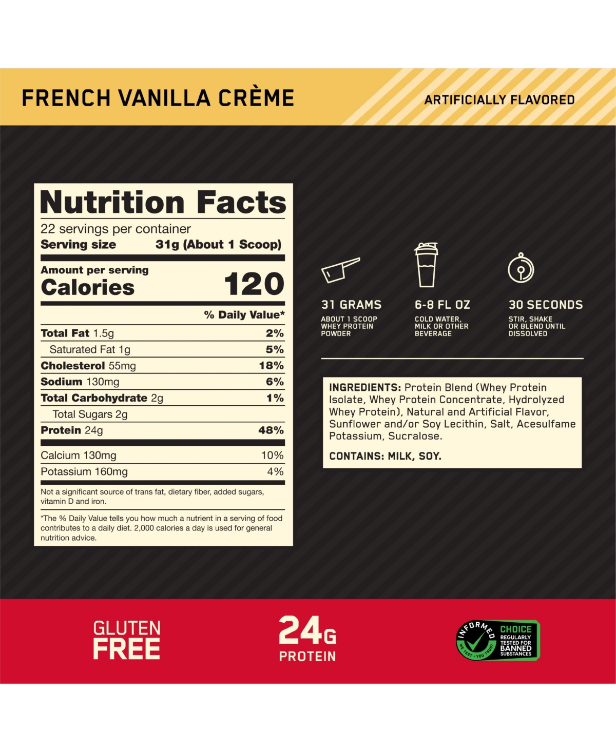 Optimum Nutrition, Gold Standard 100% Whey Protein Powder, French Vanilla Creme, 1.5lb Tub