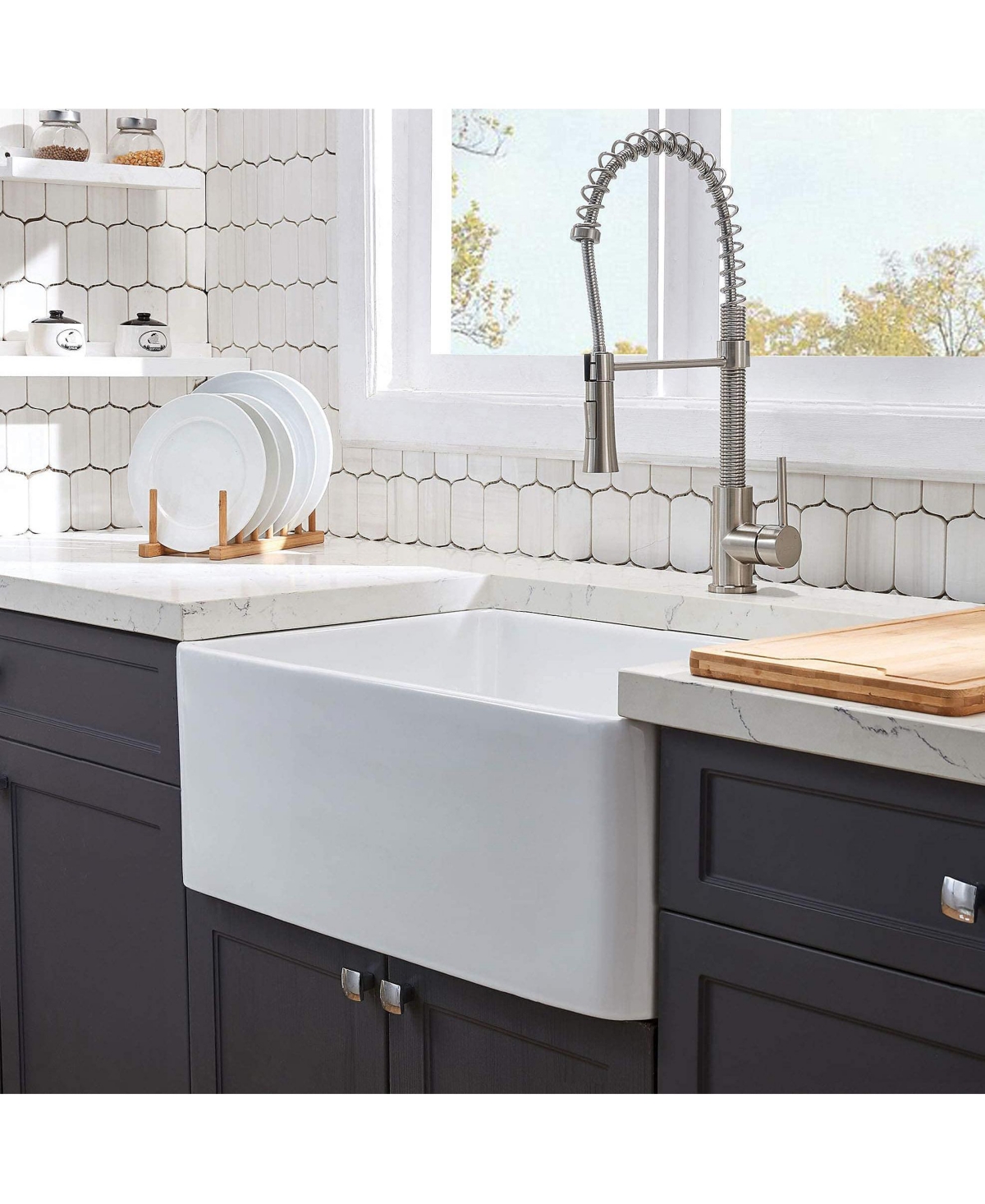 flynama 36x20inch Fireclay Farmhouse Kitchen Sink Reversible Grid Strainer 10 Inch Deep