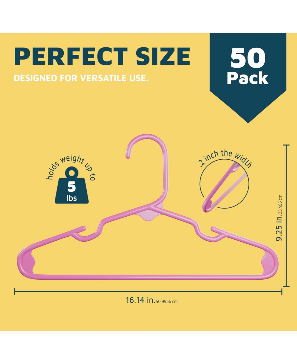 Lifemaster Kids Plastic Hangers, Pink, 11.6", with shoulder notches, space-saving, hold 5 lbs, ideal for baby, toddler & kids clothes, 50-pack.