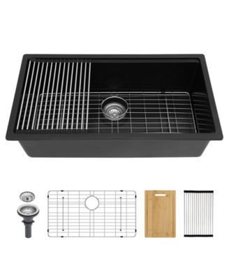 32x19x9.65inch Black Quartz Composite Undermount Kitchen Sink Workstation Granite Deep