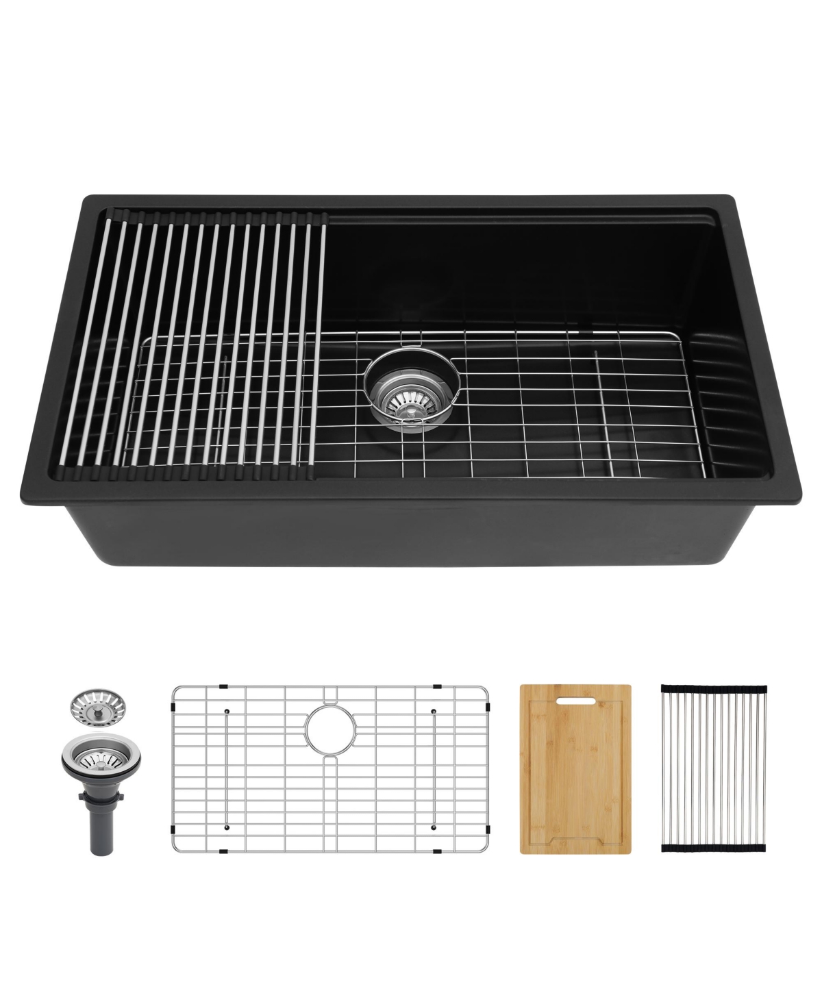 flynama 32x19x9.65inch Black Quartz Composite Undermount Kitchen Sink Workstation Granite Deep